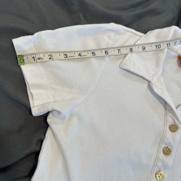 TORY BURCH Women’s Sz: M White Polo Short Shirt Top Gold Monogram Accent Buttons - Picture 7 of 12